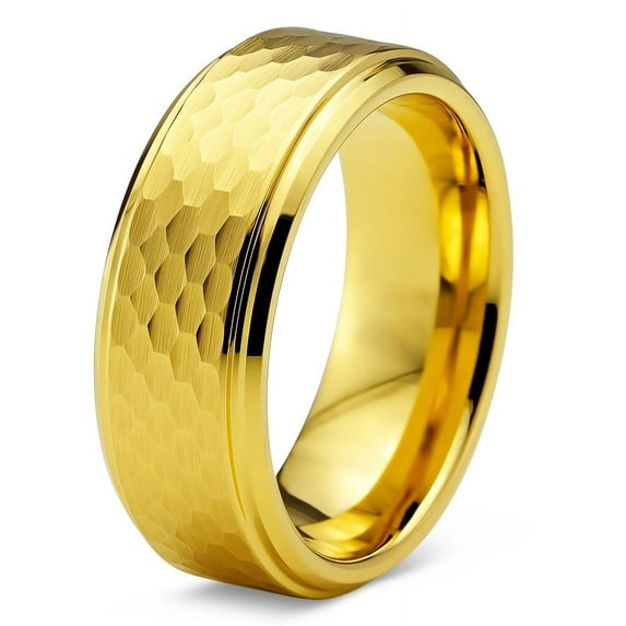 Charming Jewelers Tungsten Wedding Band Ring 8mm for Men Women Comfort Fit Hammerd 18K Yellow Gold Plated Step Beveled Edge Brushed Polished Lifetime Guarantee Size 6