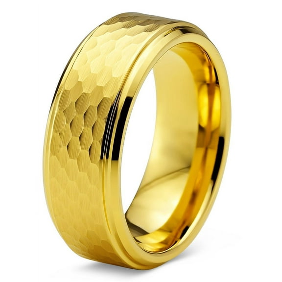 Charming Jewelers Tungsten Wedding Band Ring 8mm for Men Women Comfort Fit Hammerd 18K Yellow Gold Plated Step Beveled Edge Brushed Polished Lifetime Guarantee Size 4