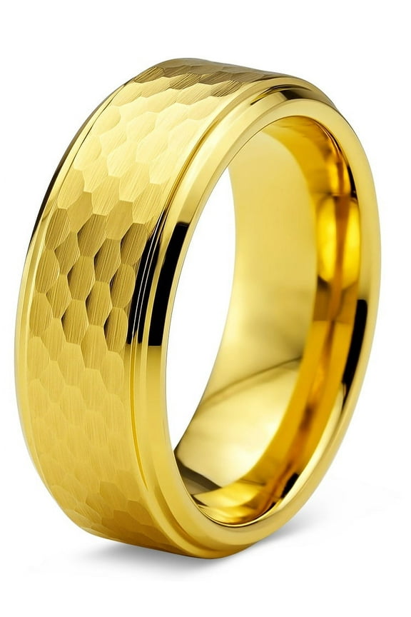 Tungsten Wedding Band Ring 8mm for Men Women Comfort Fit Hammerd 18K Yellow Gold Plated Step Beveled Edge Brushed Polished Lifetime Guarantee Size 4