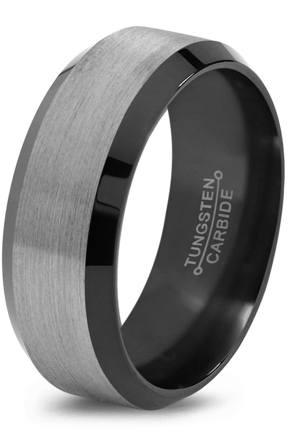 Tungsten Wedding Band Ring 8mm for Men Women Comfort Fit Black Beveled Edge Brushed Polished Lifetime Guarantee Size 5