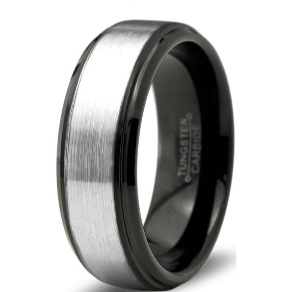 Charming Jewelers Tungsten Wedding Band Ring 8mm for Men Women Comfort Fit Black Beveled Edge Polished Brushed Lifetime Guarantee Size 11