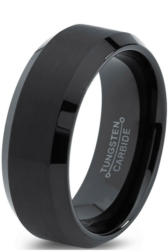Tungsten Wedding Band Ring 8mm for Men Women Comfort Fit Black Beveled Edge Polished Brushed Lifetime Guarantee Size 6.5