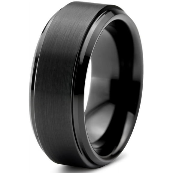Charming Jewelers Tungsten Wedding Band Ring 8mm for Men Women Comfort Fit Black Beveled Edge Polished Brushed Lifetime Guarantee