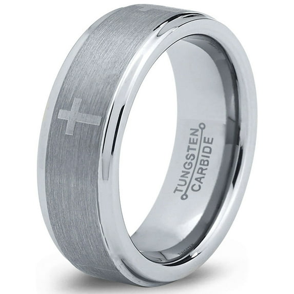 Charming Jewelers Tungsten Wedding Band Ring 8mm for Men Women Comfort Fit Christian Cross Step Beveled Edge Brushed Lifetime Guarantee Size 11.5