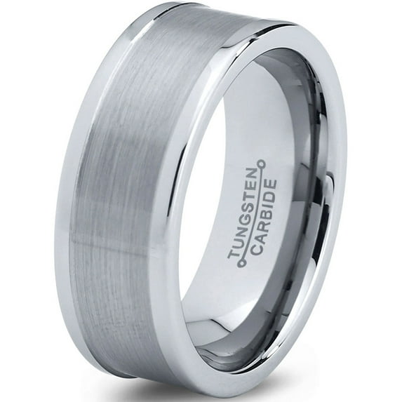 Charming Jewelers Tungsten Wedding Band Ring 8mm for Men Women Comfort Fit Step Beveled Edge Brushed Lifetime Guarantee Size 12