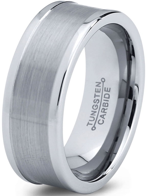 Tungsten Wedding Band Ring 8mm for Men Women Comfort Fit Step Beveled Edge Brushed Lifetime Guarantee Size 8