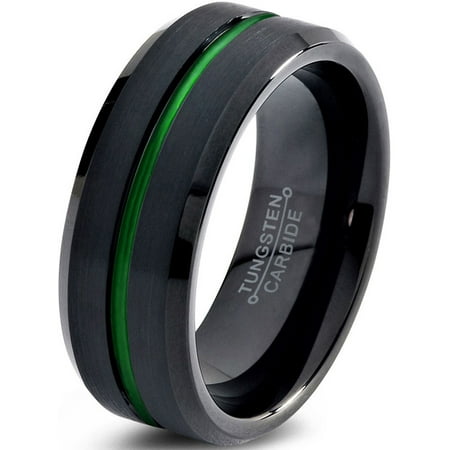 Charming Jewelers Tungsten Wedding Band Ring 8mm for Men Women Green Black Beveled Edge Brushed Polished Center Line Lifetime Guarantee