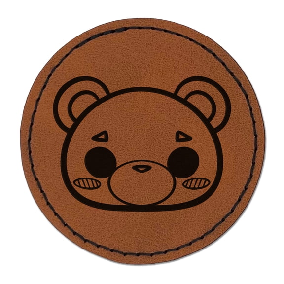 Charming Kawaii Chibi Bear Face Blushing Cheeks 2.5" Faux Leather Round Engraved Iron-On Patch - Brown