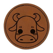Charming Kawaii Chibi Bull Face Blushing Cheeks 2.5" Faux Leather Round Engraved Iron-On Patch - Brown