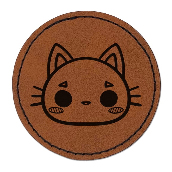 Charming Kawaii Chibi Cat Kitten Face Blushing Cheeks 2.5" Faux Leather Round Engraved Iron-On Patch - Brown