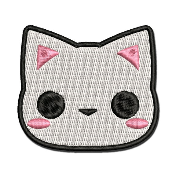 Charming Kawaii Chibi Cat Kitten Face Blushing Cheeks Applique Multi-Color Embroidered Hook & Loop Patch - 3 Inch Medium