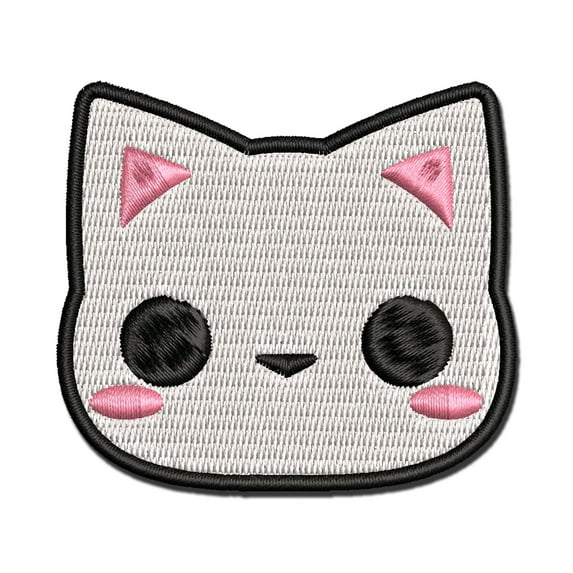Charming Kawaii Chibi Cat Kitten Face Blushing Cheeks Applique Multi-Color Embroidered Iron-On Patch - 2.0 Inch Mini