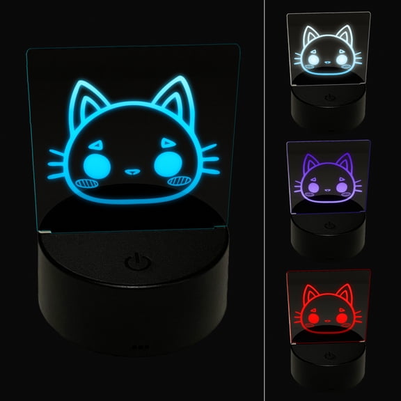 Charming Kawaii Chibi Cat Kitten Face Blushing Cheeks LED Night Light Sign 3D Illusion Desk Nightstand Lamp