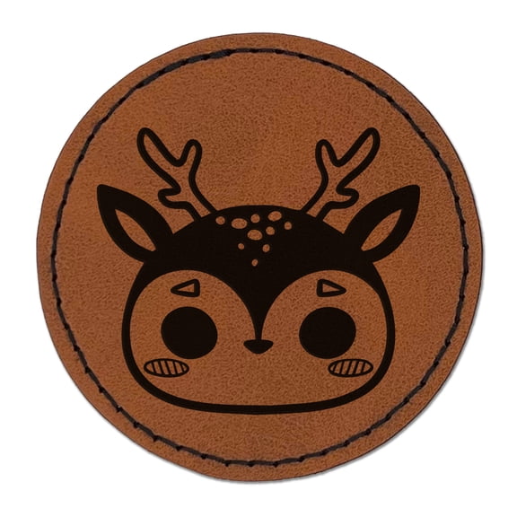 Charming Kawaii Chibi Deer Face Blushing Cheeks 2.5" Faux Leather Round Engraved Iron-On Patch - Brown