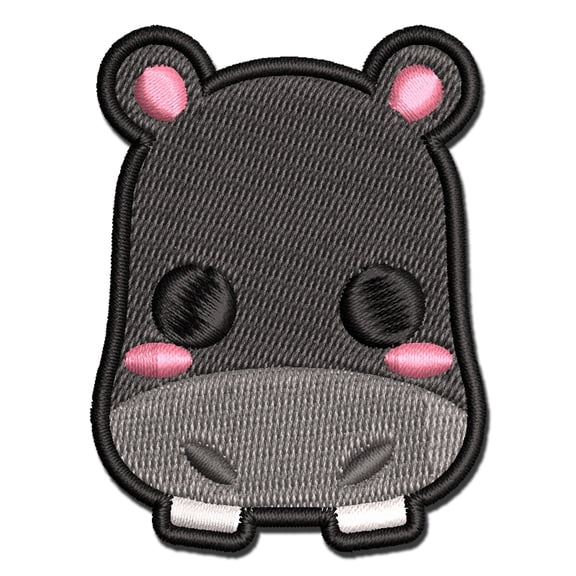 Charming Kawaii Chibi Hippopotamus Face Blushing Cheeks Applique Multi-Color Embroidered Iron-On Patch - 3 Inch Medium