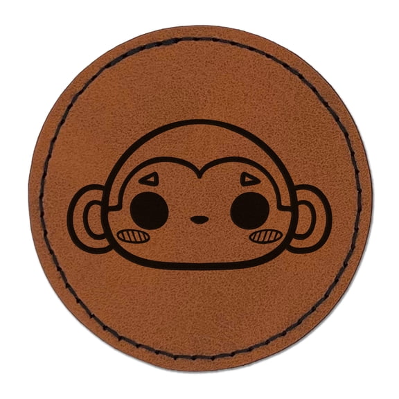Charming Kawaii Chibi Monkey Face Blushing Cheeks 2.5" Faux Leather Round Engraved Iron-On Patch - Brown