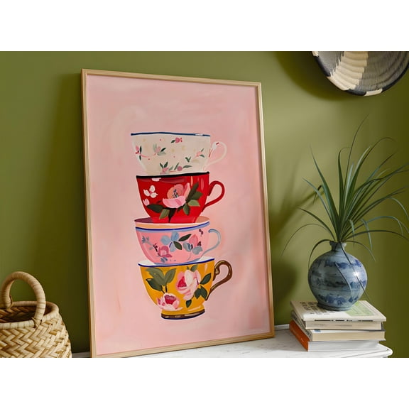 Charming Kitchen Wall Art - Tea Cups Mounted Poster - Handmade Gift Dã©Cor , Poster Print Only