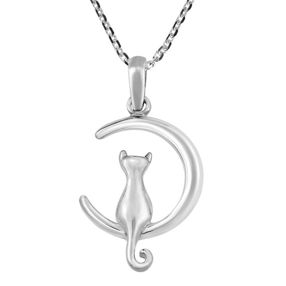 Charming Kitty Cat Sitting on Crescent Moon Sterling Silver Necklace