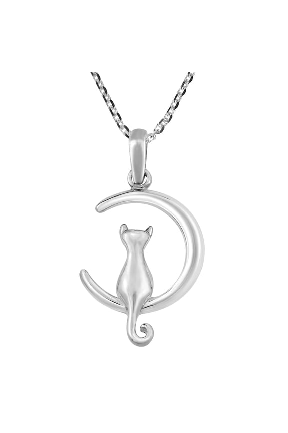 Charming Kitty Cat Sitting on Crescent Moon Sterling Silver Necklace