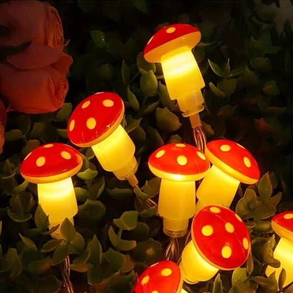 Charming LED Fairy Lights - Battery-Powered Indoor String Lights with Whimsical Red & Yellow Mushroom Design for Home Decor