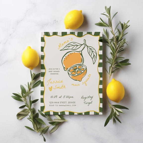 Charming Lemon-Themed Baby Shower Invitation "Mama's Main Squeeze" Design Customizable Text, Perfect for Honoring Expecting Moms at Celebrations