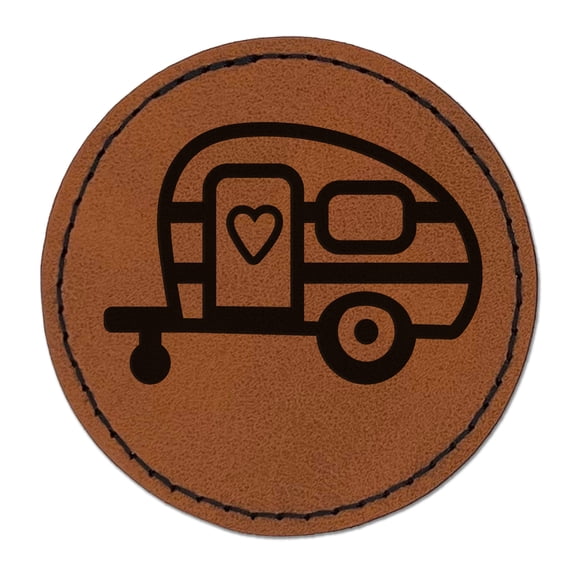 Charming Little Camper Camping Outdoor Life 2.5" Faux Leather Round Engraved Iron-On Patch - Brown