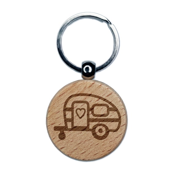 Charming Little Camper Camping Outdoor Life Round Keychain Charm Tag - Engraved Wood