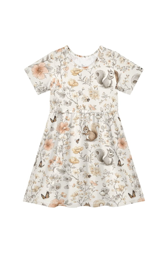 Charming Little Forest Animals Short Sleeve Dress A-Line Cute Midi Casual Sundress 2-8 Years