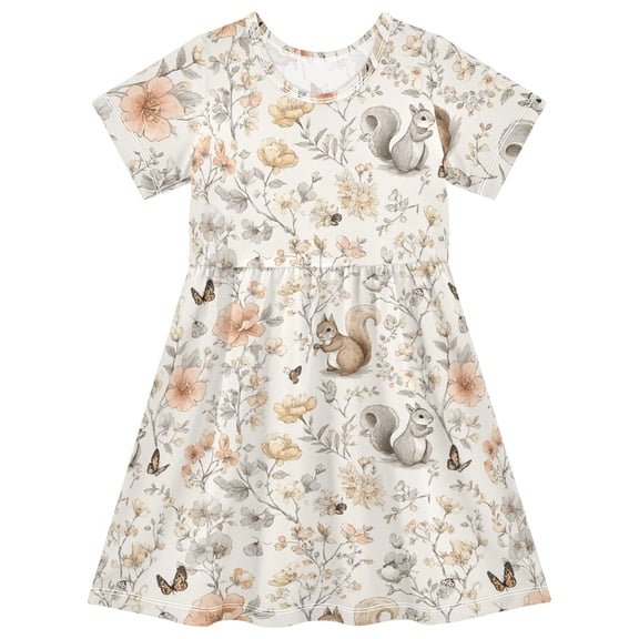 Charming Little Forest Animals Short Sleeve Dress A-Line Cute Midi Casual Sundress 2-8 Years