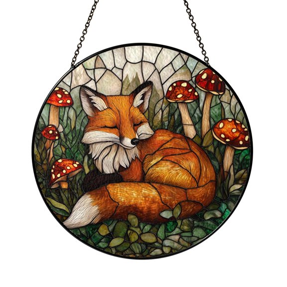 Charming Little Fox with Glowing Mushrooms Spring Suncatcher Art