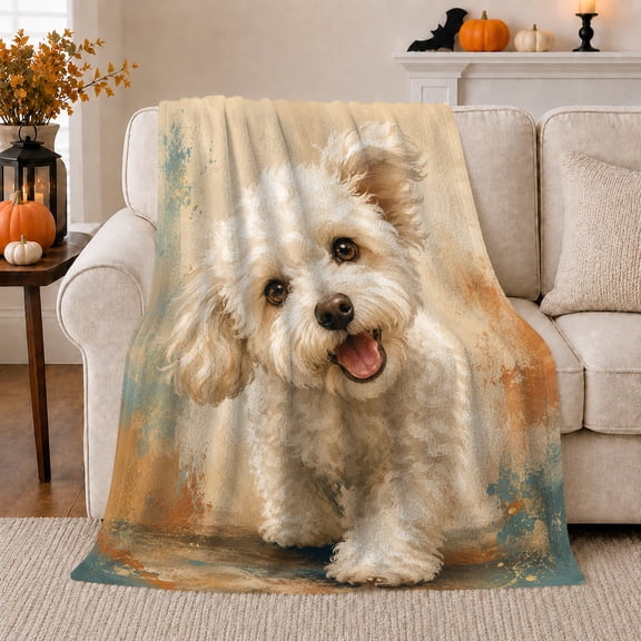 Charming Maltese Dog Portrait Teal Orange Watercolor Background, Cozy Pet Portrait Pattern, Warm Flannel Blanket for Living Room and Bedroom, Dog Lovers Just Because Gift, Pet Lover Home Decor