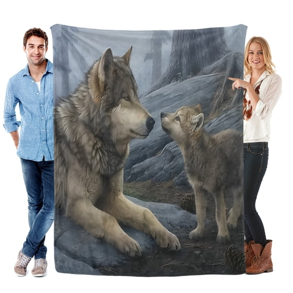 Charming Mama & Youngsters Wolf Flannel Blanket Warm Soft Lightweight Tear-Resistant Machine Washable Ideal for Travel Camping Home Office Sofa Bed All-Season Comfort