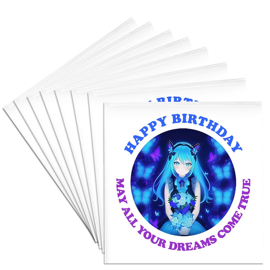 3drose, Charming Manga Girl, Flowers, Butterflies. Happy Birthday Card, Gift, Set of 8 Ceramic Tile Coasters