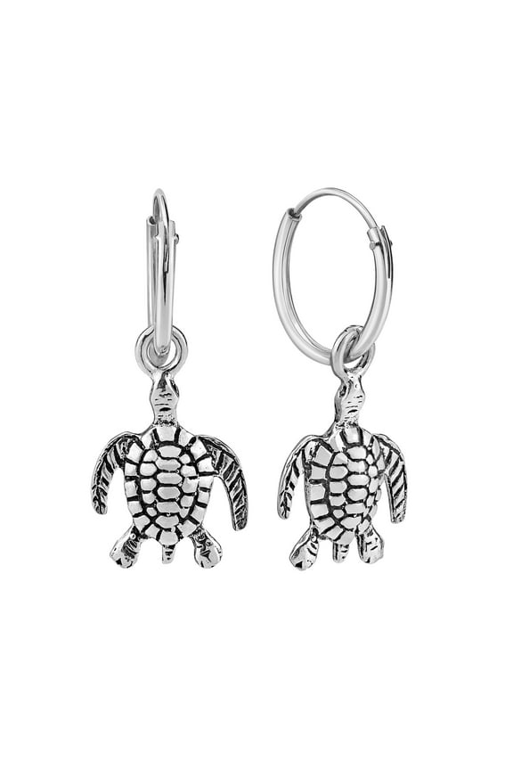 Charming Marine Turtle .925 Sterling Silver Dangle Mini Hoop Earrings