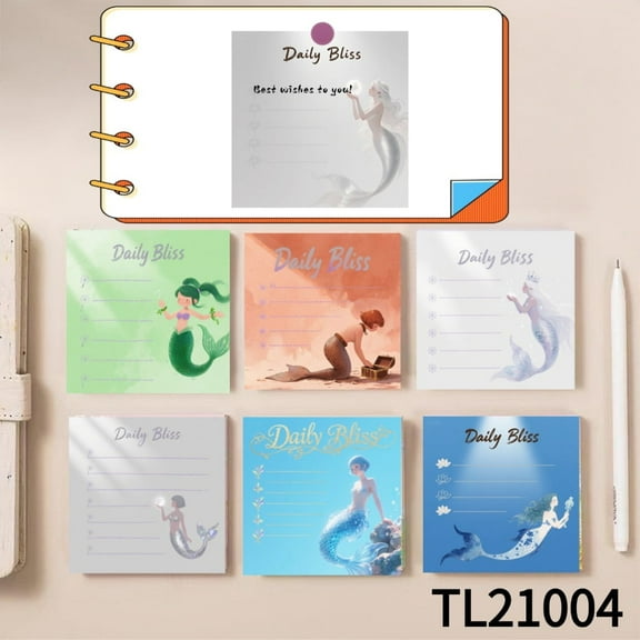 Charming Mermaid Design Daily Bliss Sticky Notes (3.54×3.54 Inches) 100-Pack with105 Emoticon Stickers, Quickly Jotting Down Reminders, Leaving Temporary Messages, Strong Adhesive for Any Surface