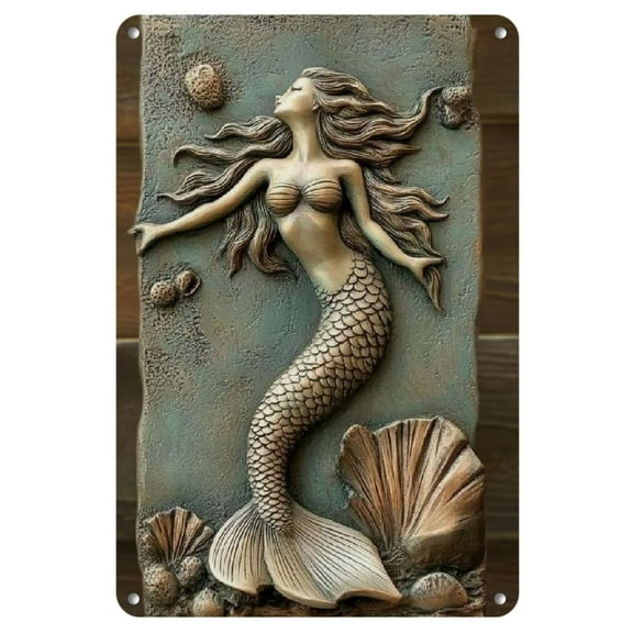 Charming Mermaid Ocean Scene Wall Art - 8x12" Iron, Easy-Hang Design with Pre-Drilled Holes - Perfect for Home & Office Decor, Perfect for Room Decor