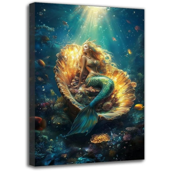 Charming Mermaid with a Shell Canvas Wall Art Prints - Framed Modern Seascape Art Painting, Perfect for Birthday Gift, Wall Decor for Living Room Bedroom Office Bar Artwork (8W X 12L)