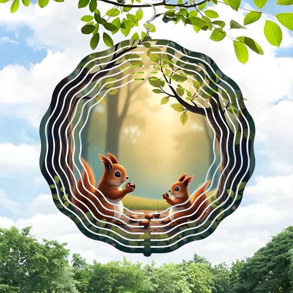 Charming Metal Hanging Wind Spinner with Red Squirrels in Forest Design - Perfect for Yard and Garden Decor