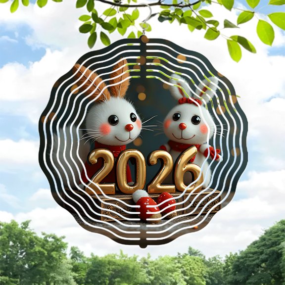 Charming Metal Hanging Wind Spinners & Chimes - Adorable Cartoon Rabbit Design with Festive 2026 Theme for Yard & Garden Decor
