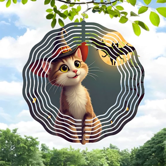 Charming Metal Hanging Wind Spinners & Chimes - Whimsical Cat in Hat Design with Full Moon & Bat Silhouette for Garden Decor