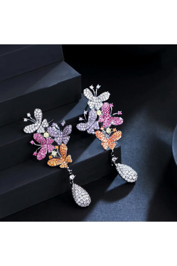 Charming Multicolor Long Butterfly Dangle Drop Earrings CZ Black Gold Jewelry