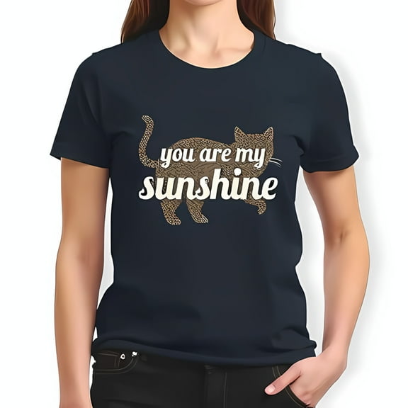Charming Navy Blue Cotton Short Sleeve T-Shirt with Speckled Feline & " You Are My Sunshine " Print