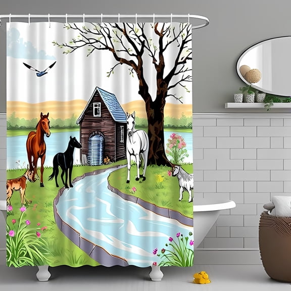 Charming Pastoral Shower Curtain with Rustic Barn Horses and Tranquil Stream Whimsical Farmhouse Decor