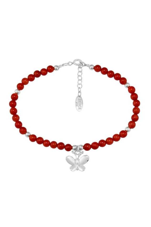 Charming Peace Butterfly Round Red Coral Gemstone Sterling Silver Bracelet