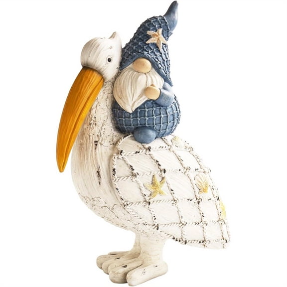 Charming Pelican Gnome Figurine - 11.5" Resin Coastal Decor with Starfish & Seashell, Beach-Themed Tabletop Statue for Home, Garden, or Poolside, Perfect Summer Gift, Gnome Decor