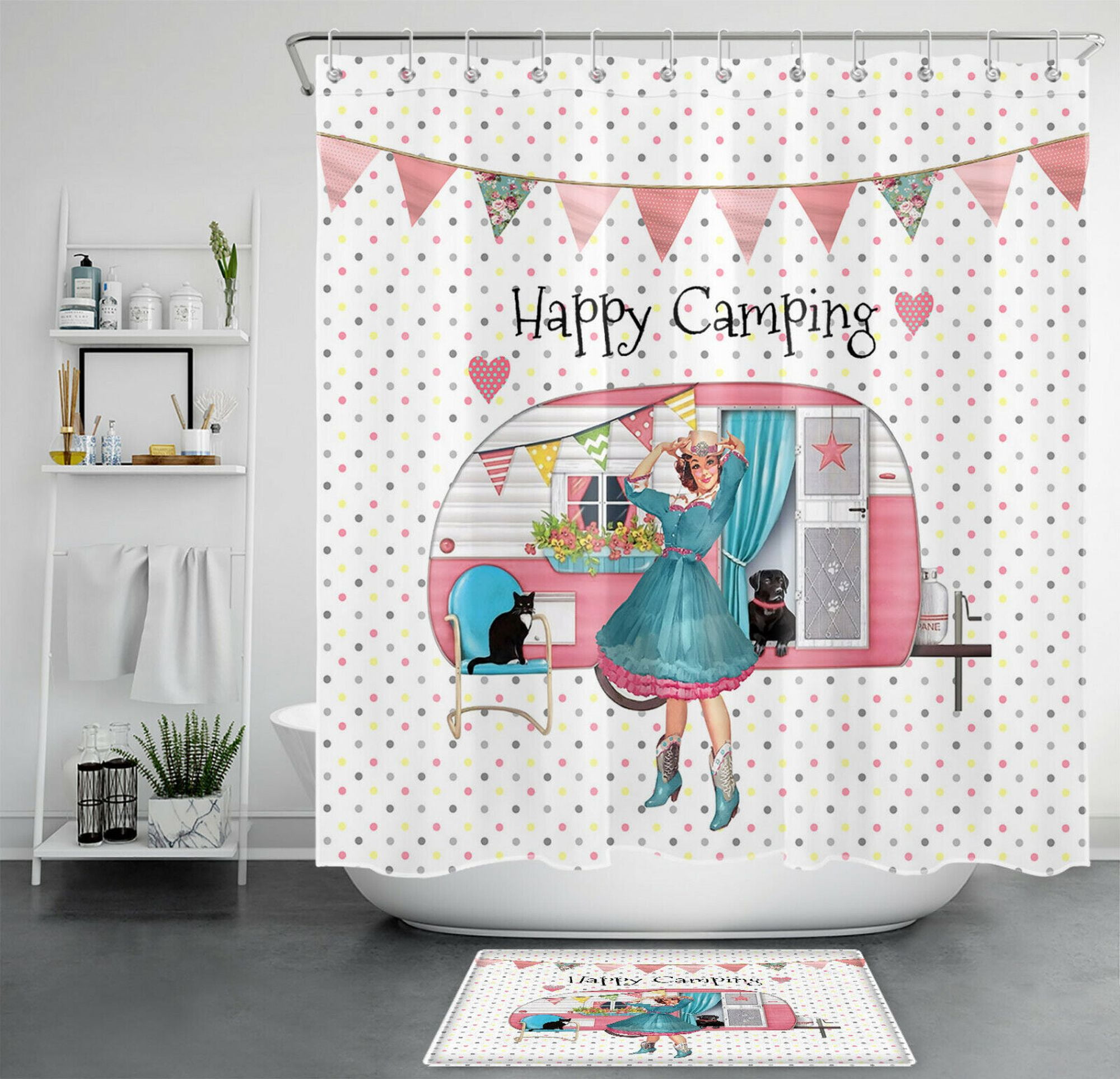 Charming PetFriendly Shower Curtain Set with Rustic Pink Picnic Car