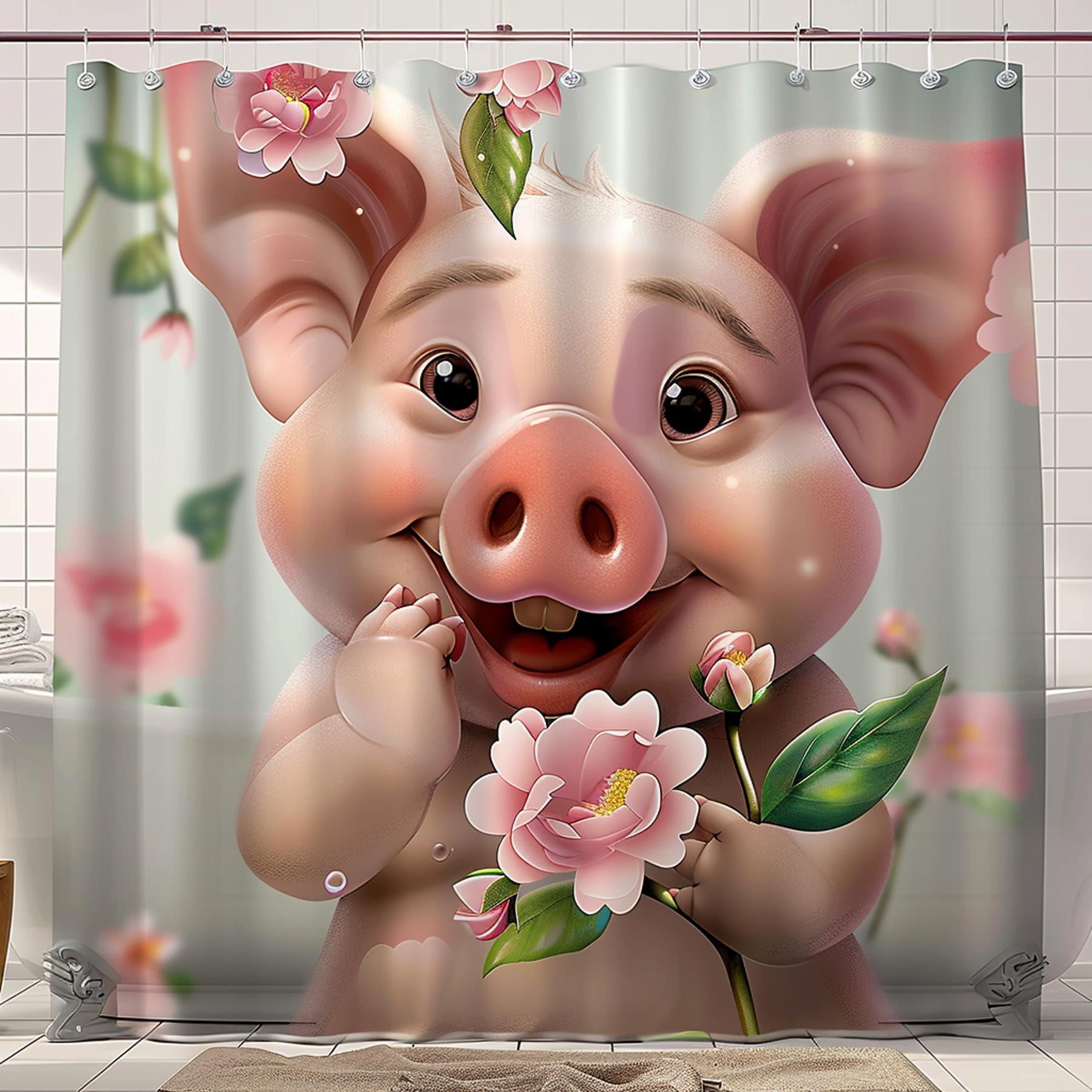 Charming Pig with Fangs Shower Curtain Cute Cartoon Style Design for