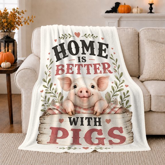 Charming Pig Wooden Crate, Cozy Rustic Scene, Warm Flannel Blanket for Ranch House and Living Room with Detailed Artwork, Animal Lovers Valentine's Day Gift, Rustic Home Decor