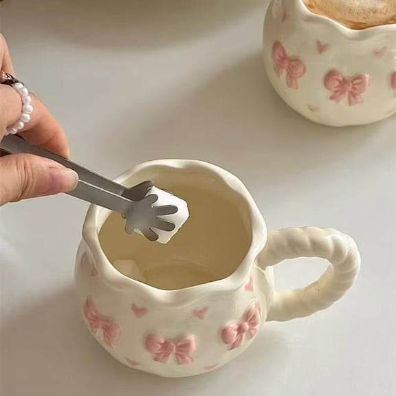 Charming Pink Bow-Knot Heart-Shaped Ceramic Mug 12.85oz - Irregular Rim Coffee Tea Cup, Microwave & Dishwasher Safe Gift for Women