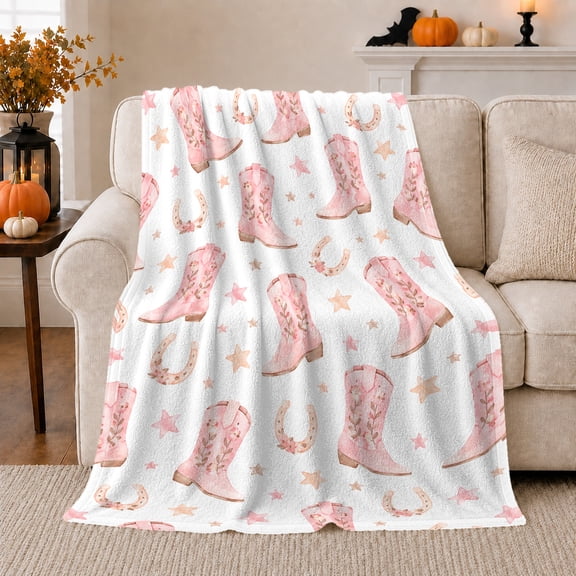 Charming Pink Cowboy Boots Floral Western Pattern, Cozy Botanical Garden Scene, Warm Flannel Blanket for Sunroom and Reading Nook, Celestial Art Lovers Housewarming Gift, Rustic Home Decor